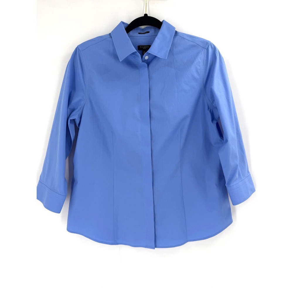 Talbots Button Down Shirt Women 10P Blue Wrinkle Resistant 3/4 Sleeve Career